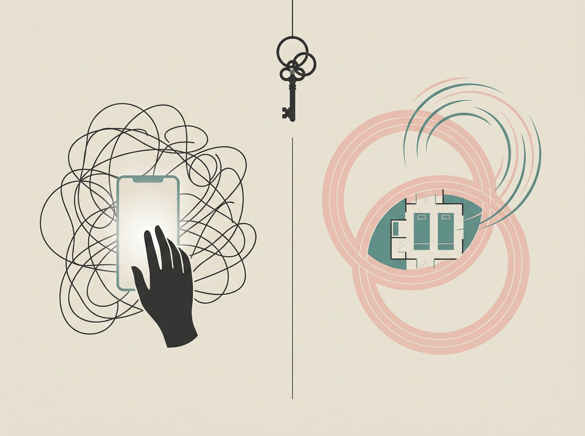split-screen illustration phone versus studio class