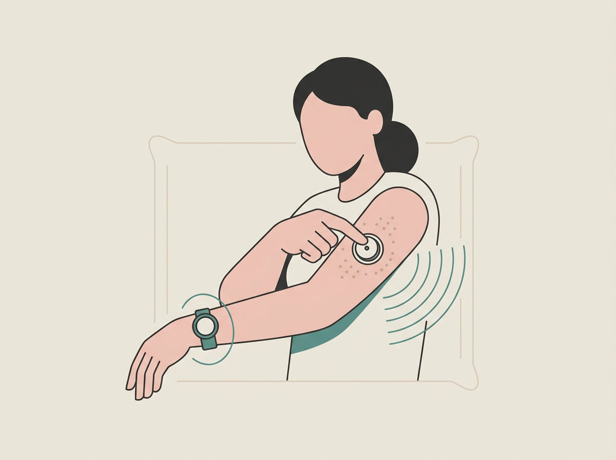 A person applying a CGM sensor to their arm