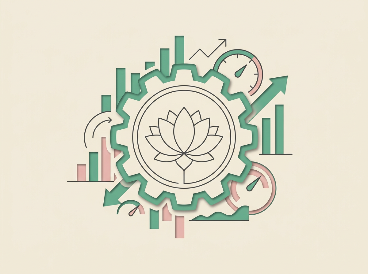 a minimalist line art of a lotus flower inside a gear cog