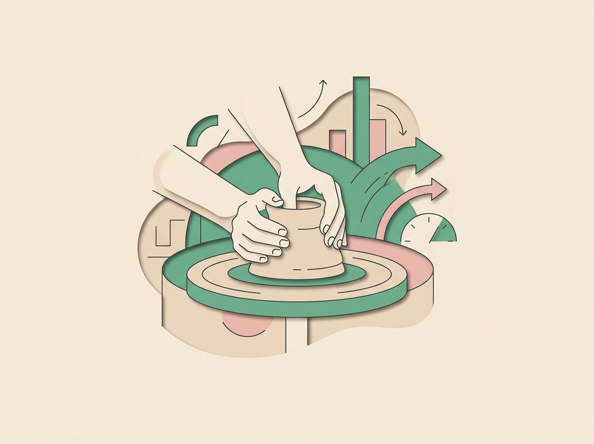 a minimalist photo of hands shaping clay on a pottery wheel